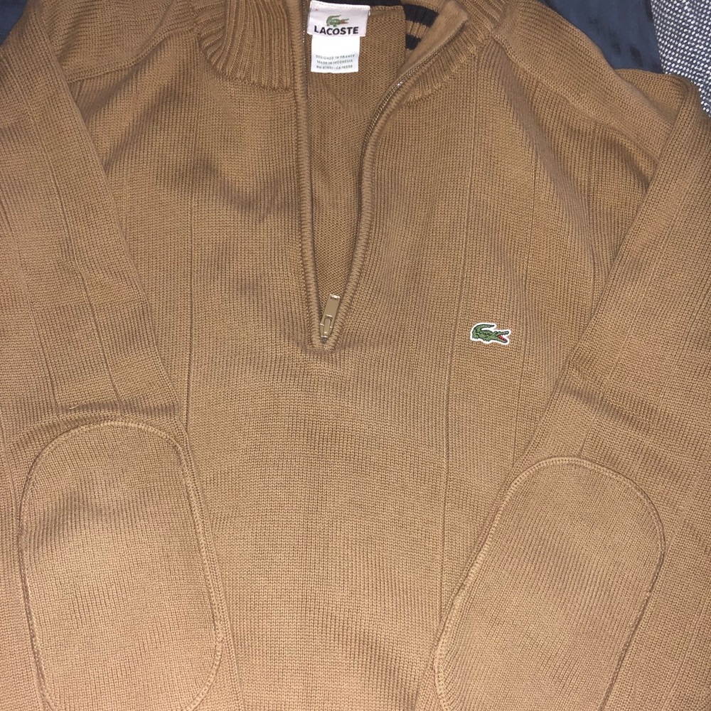 Lacoste Men Brown Ribbed Zip Up Collar Sweater